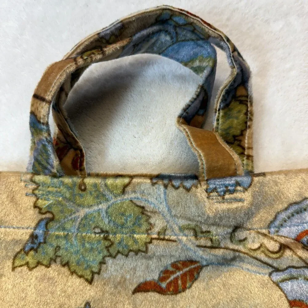 Handmade Velvet Floral Tote Bag Blue Gold Tapestry Mini Shopper Vintage Look
